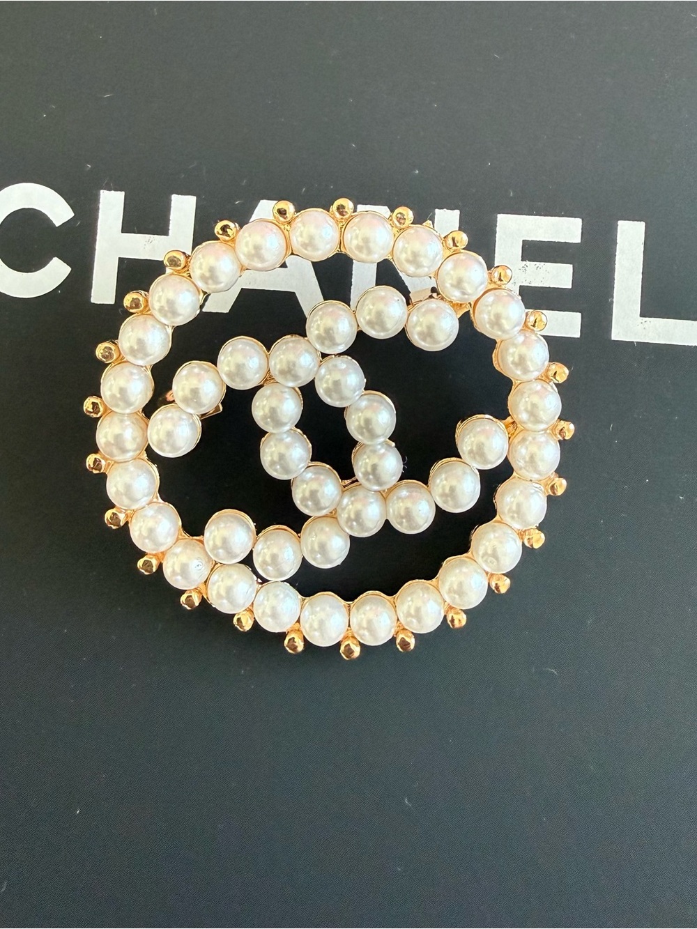 Upcycled Gold Tone Faux Pearl Interlocking CC Brooch - White Pearls